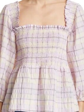 Ganni Smocked Square-Neck Lavender Plaid Women's Top
